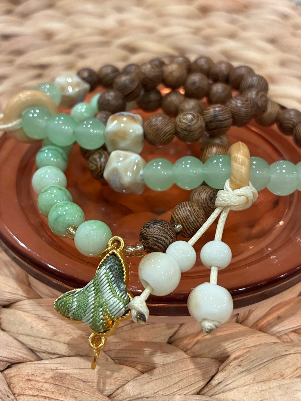 Green Stone Bead & Wood Stackable Bracelet Set with Butterfly Charm